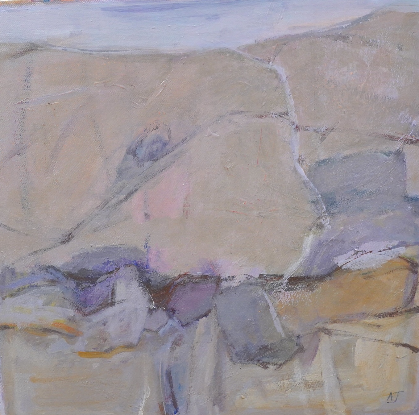 Anne Johnson (contemporary), oil on canvas, Abstract landscape, signed with initials, 51 x 51cm, unframed. Condition - good